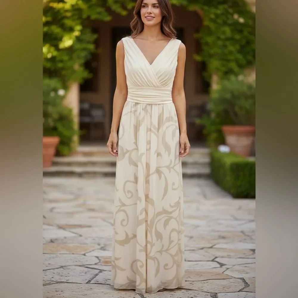 Chaya Two Tone Champagne Scroll Brocad Ruched Draped Maxi Formal Gown Dress 12